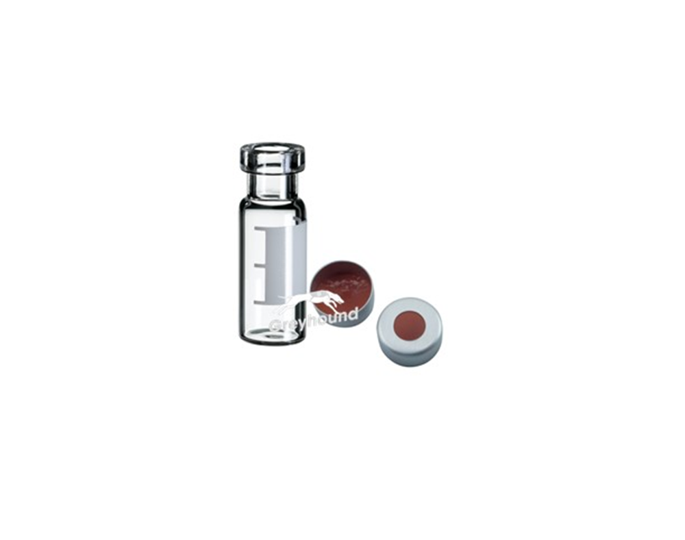 Picture of Vial Kit - P/Nos. 60-100143 + 60-100649  2mL Wide Neck Vial, Crimp Top, Clear Glass with Write-on Graduation Patch + 11mm Aluminium Crimp Cap (Silver) with PTFE/Natural Rubber Septa